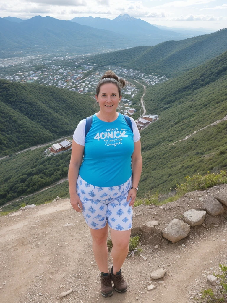 her name is Annette, high quality, ((mature)), ((white pale skin)), 1girl, ((40-year-old chubby Swiss woman)), ((40 years old)), ((chubby)), ((brunette)), pose: standing, wearing stylish blue (((wearing  light printed attire for hiking))), ((BACKGROUND: overlooking Offers hiking mountains in Naica, Mexico)), random pose, messy bun hair