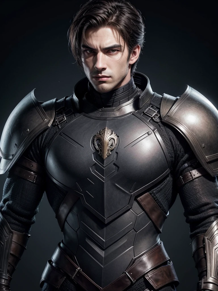 handsome man,black armour, arrogant look, drawing style, brownhair, europeu