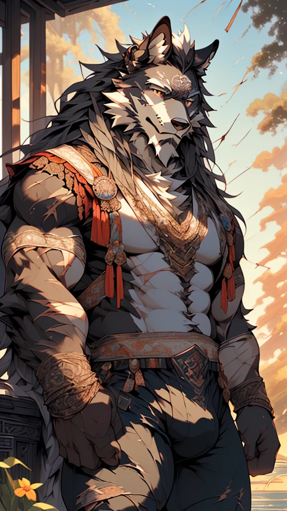(masterpiece),(highres),(intricate details:1.4),extremely detailed,(illustration:1.2),8k,photorealistic,exquisite,,aged,elder male wolf,muscular,(general:1.7),black fur,manhood,warrior,(black fur:1.3),long hair,long beard,(numerous scars:1.2),(badly damaged:1.7),(bulging crotch:1.8),(homosexual),(a serene face:1.9),(war :1.6)
