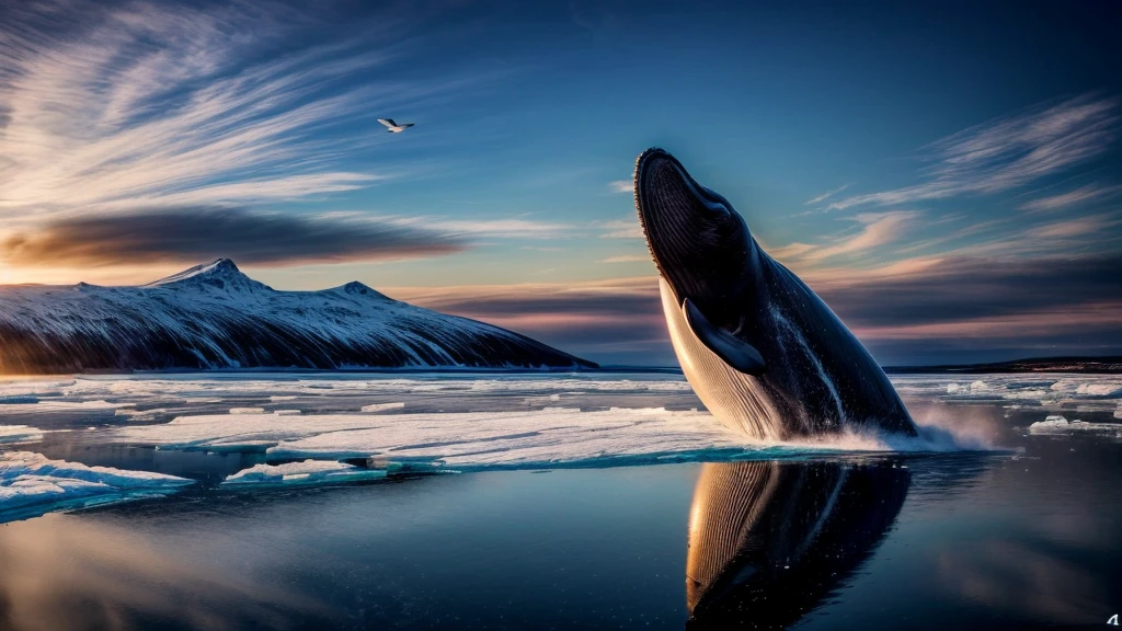 a giant flying whale, whale opening its mouth wide, over the ice floe, clear sky, ethereal, cinematic lighting, dramatic colors, hyperrealistic, 8k, extremely detailed, photorealistic, glowing ethereal whale, dramatic ice floes, cinematic composition, vibrant colors, stunning lighting, masterpiece, (best quality,4k,8k,highres,masterpiece:1.2),ultra-detailed,(realistic,photorealistic,photo-realistic:1.37)