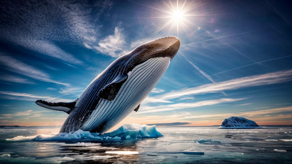 a giant flying whale, whale opening its mouth wide, over the ice floe, clear sky, ethereal, cinematic lighting, dramatic colors, hyperrealistic, 8k, extremely detailed, photorealistic, glowing ethereal whale, dramatic ice floes, cinematic composition, vibrant colors, stunning lighting, masterpiece, (best quality,4k,8k,highres,masterpiece:1.2),ultra-detailed,(realistic,photorealistic,photo-realistic:1.37)