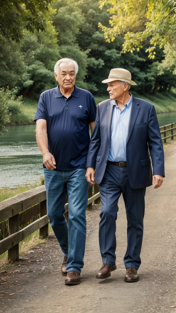 One adults man and one old man river to walk morning