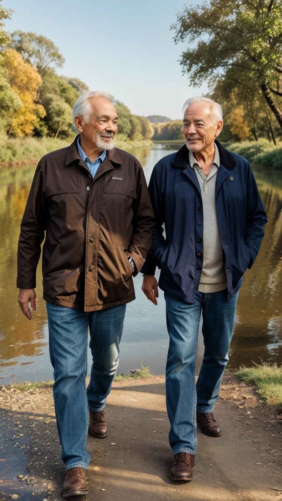 One adults man and one old man river to walk morning