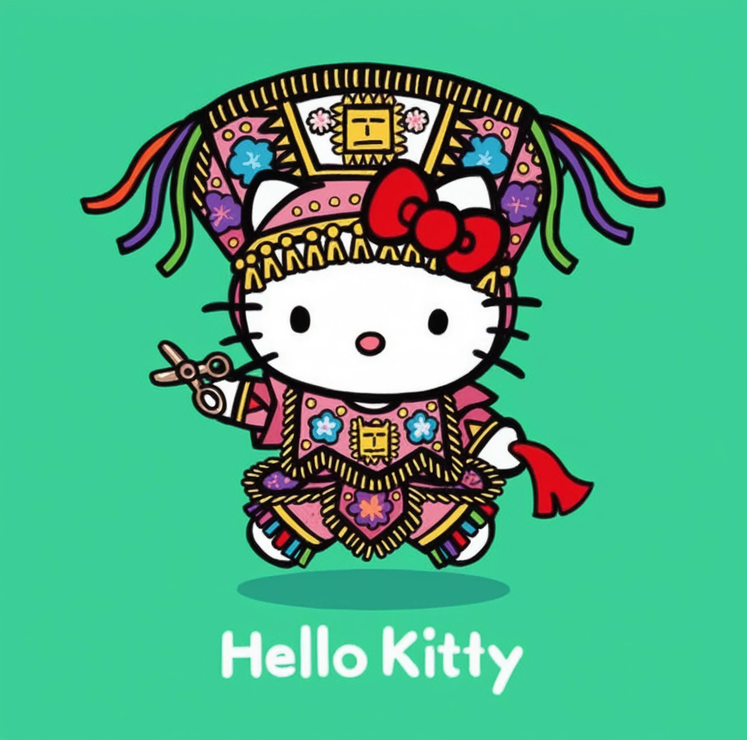 Redesign this image of hello kitty. Put on the blue contradance costume and all its typical accessories