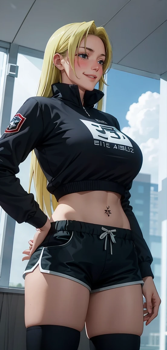 Yuki tsukumo from jujutsu kaisen, long hair, blonde hair, front view detailed body, long belly, big , tight body , large breast, thicc thighs, 1girl, photo_background, gym, shorts, long_hair, thighhighs, short_shorts, crossed_arms, navel, black_shorts, solo, looking_at_viewer, midriff, black_thighhighs, navel_piercing, dolphin_shorts, lips, realistic, tattoo, jacket, breasts, standing , front shot, facing at viewer, cowboy shot 