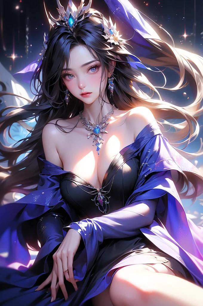 (masterpiece:1.5, Highest quality, Very detailed、 Dutch Angle、Semi-realistic、Fantasy)(One Girl, alone)(White and beautiful hair:1.4,,Straight Long Hair)(Dress in black tones、Fantasyの衣装)、((Off the shoulder、Mid-chest、ruby ​​necklace))(Beautiful cleavage、Legs wrapped in tights)(Beautiful starry sky、Mystical Night、Particles of light float around the woman、Fantasy space) Waiting to start
