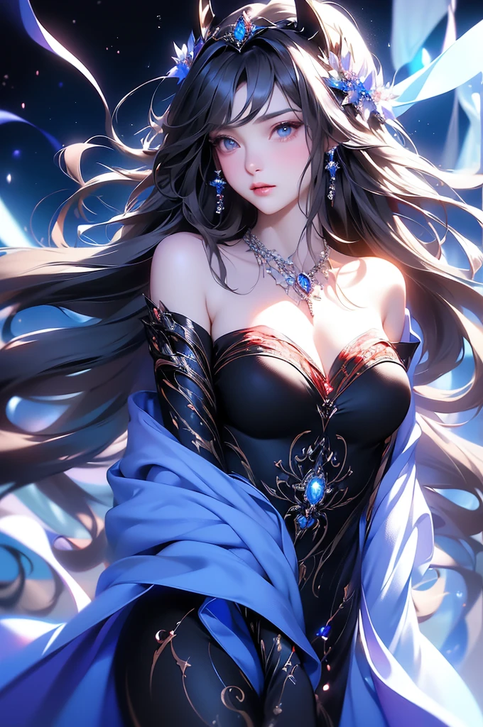 (masterpiece:1.5, Highest quality, Very detailed、 Dutch Angle、Semi-realistic、Fantasy)(One Girl, alone)(White and beautiful hair:1.4,,Straight Long Hair)(Dress in black tones、Fantasyの衣装)、((Off the shoulder、Mid-chest、ruby necklace))(Beautiful cleavage、Legs wrapped in tights)(Beautiful starry sky、Mystical Night、Particles of light float around the woman、Fantasy space) Waiting to start