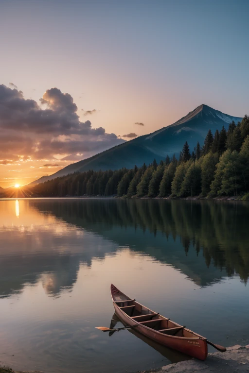 A lake with a sunset and a canoe in the water