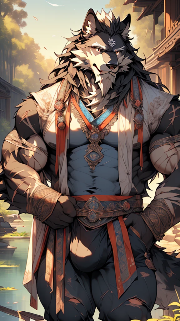 (masterpiece),(highres),(intricate details:1.4),extremely detailed,(illustration:1.2),8k,photorealistic,exquisite,,aged,elder male wolf,muscular,(general:1.7),black fur,manhood,warrior,(black fur:1.3),long hair,long beard,(numerous scars:1.2),(badly damaged:1.7),(bulging crotch:1.8),(homosexual),(a serene face:1.9),(war :1.6),(daddy)