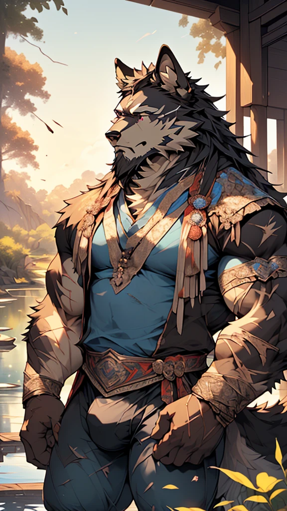 (masterpiece),(highres),(intricate details:1.4),extremely detailed,(illustration:1.2),8k,photorealistic,exquisite,,aged,elder male wolf,muscular,(general:1.7),black fur,manhood,warrior,(black fur:1.3),long hair,long beard,(numerous scars:1.2),(badly damaged:1.7),(bulging crotch:1.8),(homosexual),(a serene face:1.9),(war :1.6),(daddy)