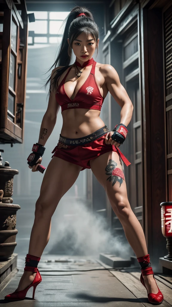 Beautiful Japanese female, (************), Mixed Martial Arts, (belly exposed, everyday clothes worn at home:1.3), (MMA gloves), fit, (muscles:1.2), athletic feminine body, female fitness model body, private MMA octagon background, masterpiece, perfect lighting, ultra high resolution, 8K, she is an exceptional MMA fighter, hard toned feminine body, (very long ponytail, straight bangs:1.2), (sexy smile for the camera:0.7), (very sexy pose), (holding very large weapon in hand, wearing very large weapon, standing with very large weapon, brandishing very large weapon:1.3), (tattoos all over body, 80% of body has Japanese tattoos:1.5), red lips, red high heels, choker, necklace, earrings, (kung fu fighter in fighting position, very detailed:1.4), front view, looking at camera, pensive expression, (Tokyo landmark),