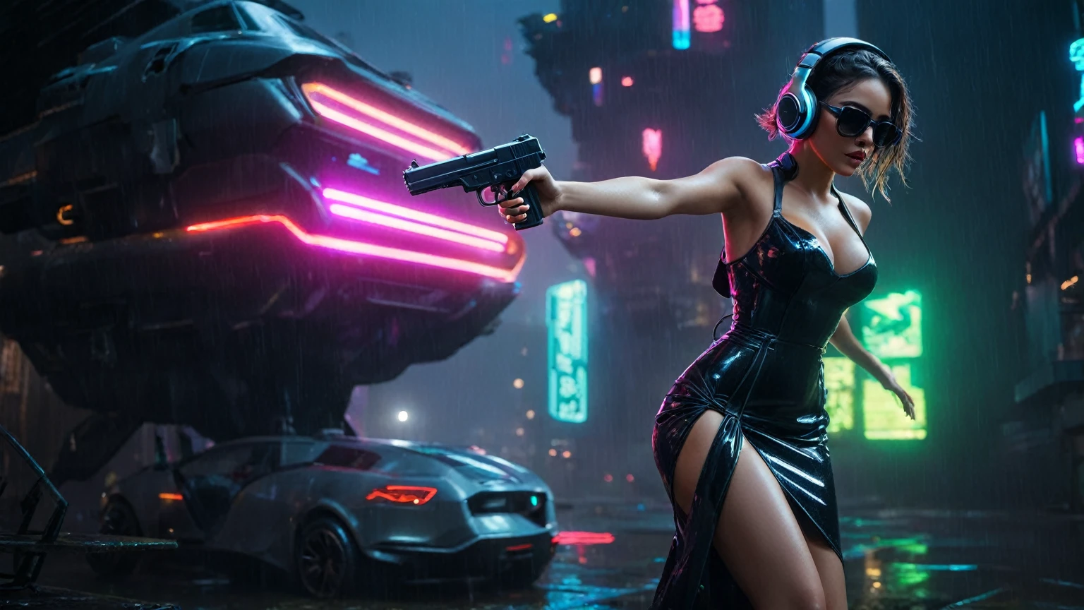(aerial view, a flying cars docking platform, a very dark abandoned futuristic city, neon lights), rainy night. (((1girl, solo, alone))), large-breast:1.2 slim body, cleavage:1.1, sexy wind blowing wet dress:1.4, (((headphone, black sunglasses, standing and holding pistol:1.8, dynamic rushing pose))), (((((half-body thigh level medium shot))))), cinematic lighting, lens flare, ray tracing.