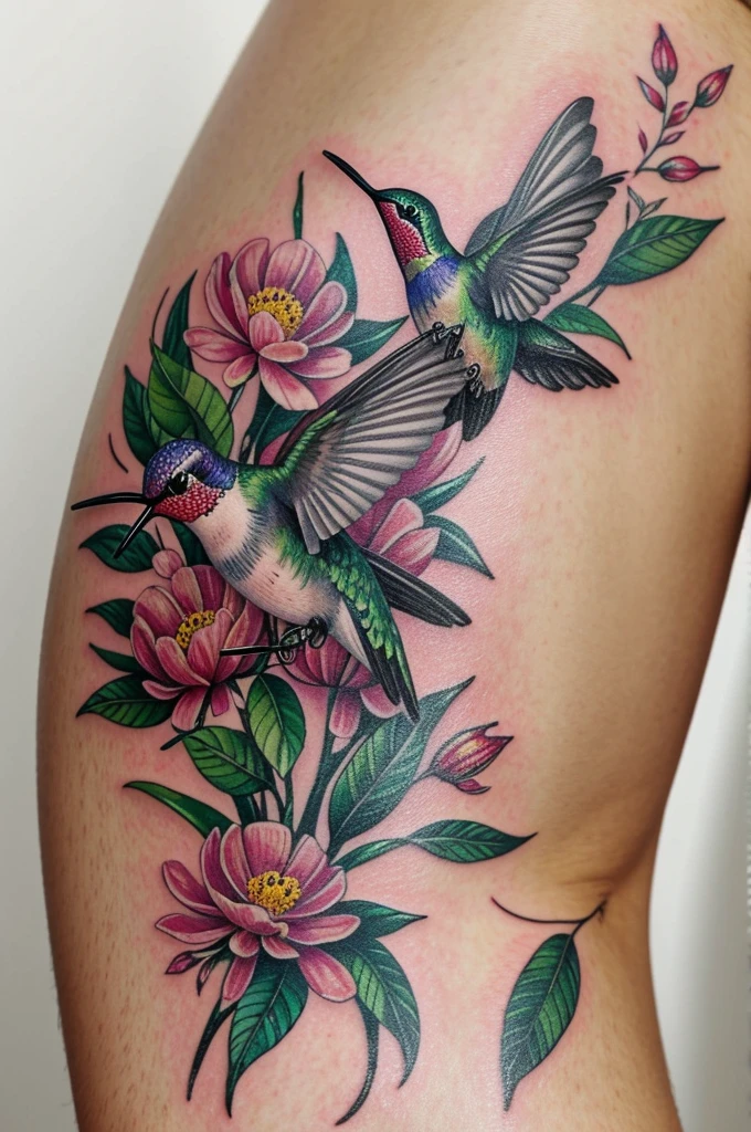 Diseños de tatuajes que contengan anda flor peonia , and. Hummingbird and vegetation 