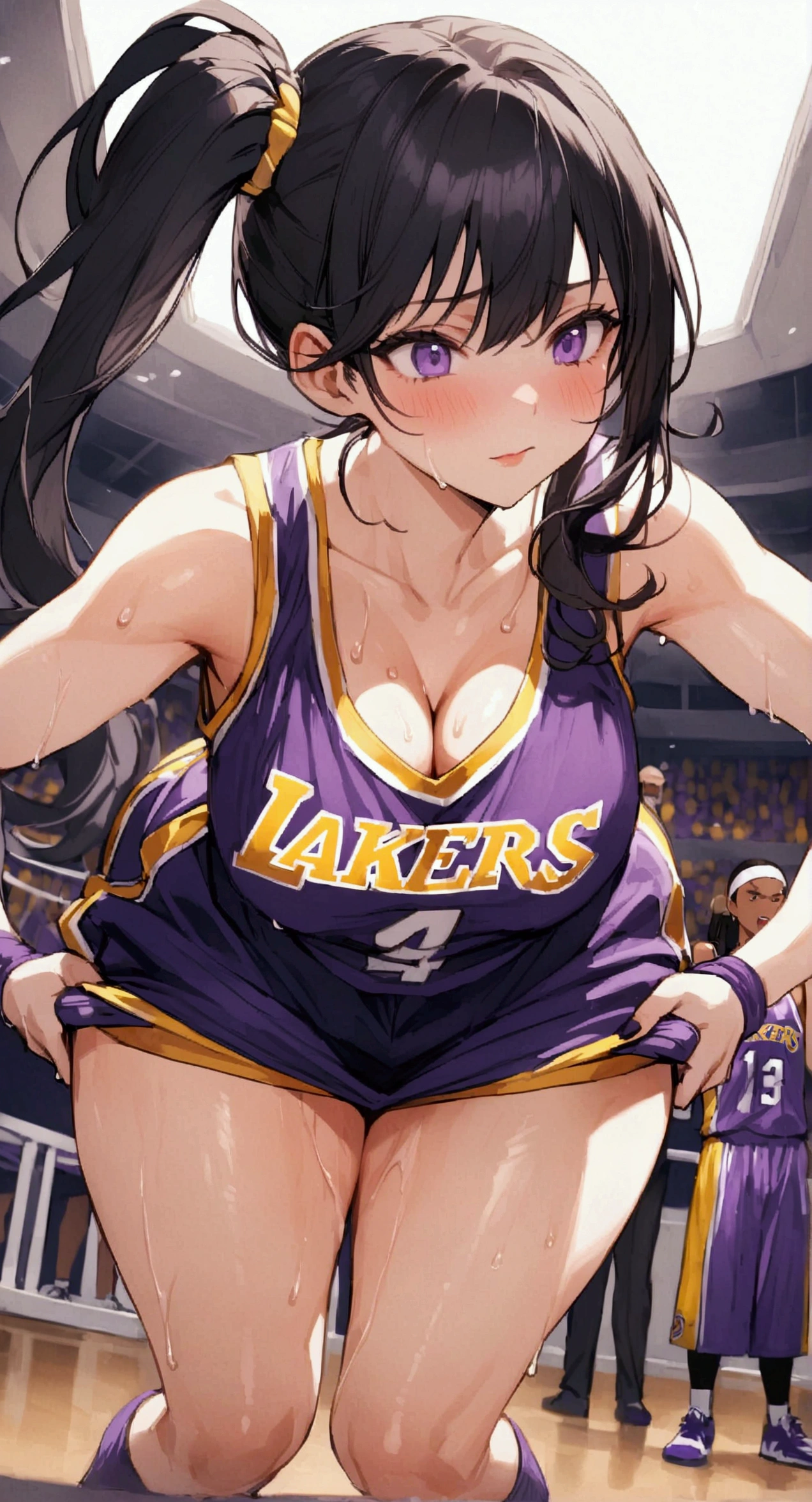One woman、beautiful girl、high school girl、basketball、Basketball uniform、Lakers uniform、Wristband、Side Ponytail、Long Hair、Basketball Stadium、Take a jump shot、The stands are packed、Highest quality, Thick thighs、Big Ass、Black Hair、Sweaty body、Number 14、Take the shot、Her uniform flips up and her bra is visible、Black bra、The opposing team is on defense、Leaning forward、dribble、Blocked、Having your pants pulled down by a man