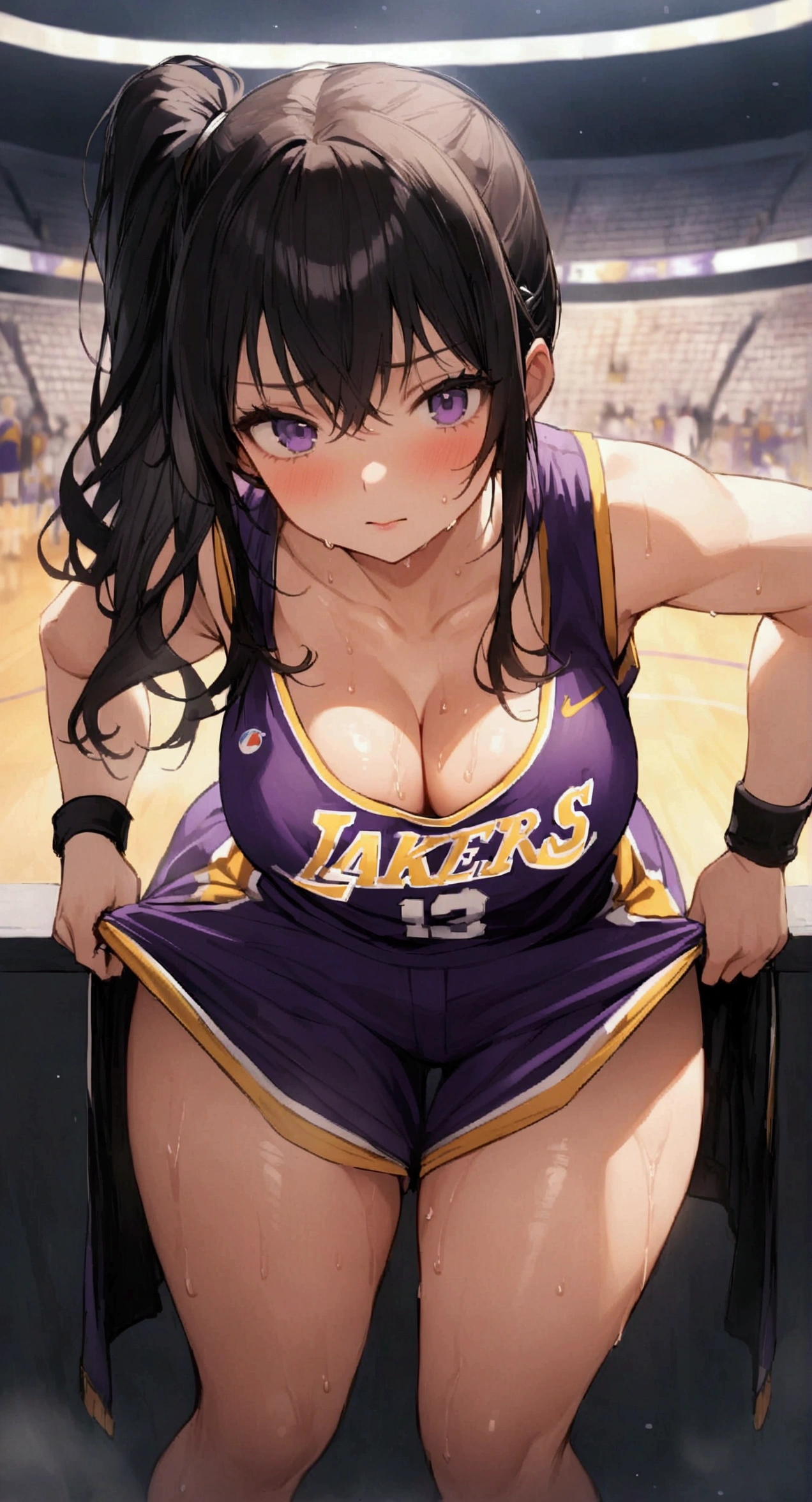One woman、beautiful girl、high school girl、basketball、Basketball uniform、Lakers uniform、Wristband、Side Ponytail、Long Hair、Basketball Stadium、Take a jump shot、The stands are packed、Highest quality, Thick thighs、Big Ass、Black Hair、Sweaty body、Number 14、Take the shot、Her uniform flips up and her bra is visible、Black bra、The opposing team is on defense、Leaning forward、dribble、Blocked、Having your pants pulled down by a man