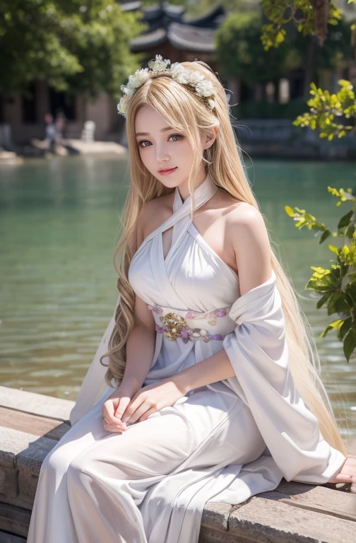 masterpiece, Highest quality, Official Art, 8k, Very detailed, figure, 1 girl, Blonde, Long Hair, Detailed eyes, For rest, Exposing shoulders, Hanfu,lake, Pure, Kind smile information