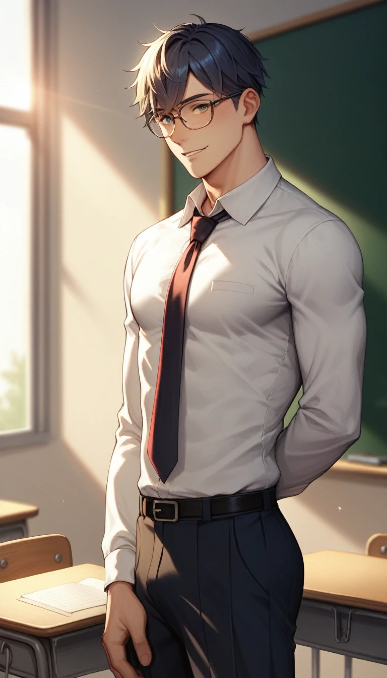 best quality, masterpiece, extremely detailed, handsome young man, skinny build, messy curtain bangs, thick-rimmed glasses, cute preppy college uniform, standing in front of classroom, mathematical equations on blackboard in the background, closed book in left hand, points forward with right finger, gay, homoerotic, romantic atmosphere, ambient lighting, extremely dramatic shadows, perfection, no watermark, no logo, no signature