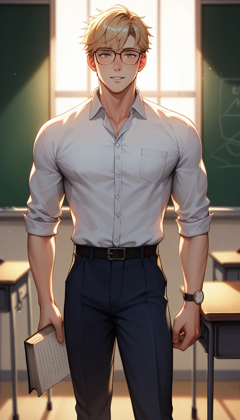 best quality, masterpiece, extremely detailed, handsome young man, skinny build, messy curtain bangs, thick-rimmed glasses, cute preppy college uniform, standing in front of classroom, mathematical equations on blackboard in the background, closed book in left hand, points forward with right finger, gay, homoerotic, romantic atmosphere, ambient lighting, extremely dramatic shadows, perfection, no watermark, no logo, no signature