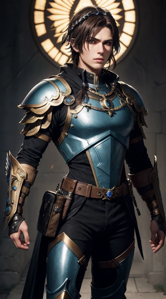 (absurdres, highres, ultra detailed, HDR), masterpiece, best quality, Valkyrie Profile Character handsome boy in black Valkyrie suit short hair wearing headgear brown hair