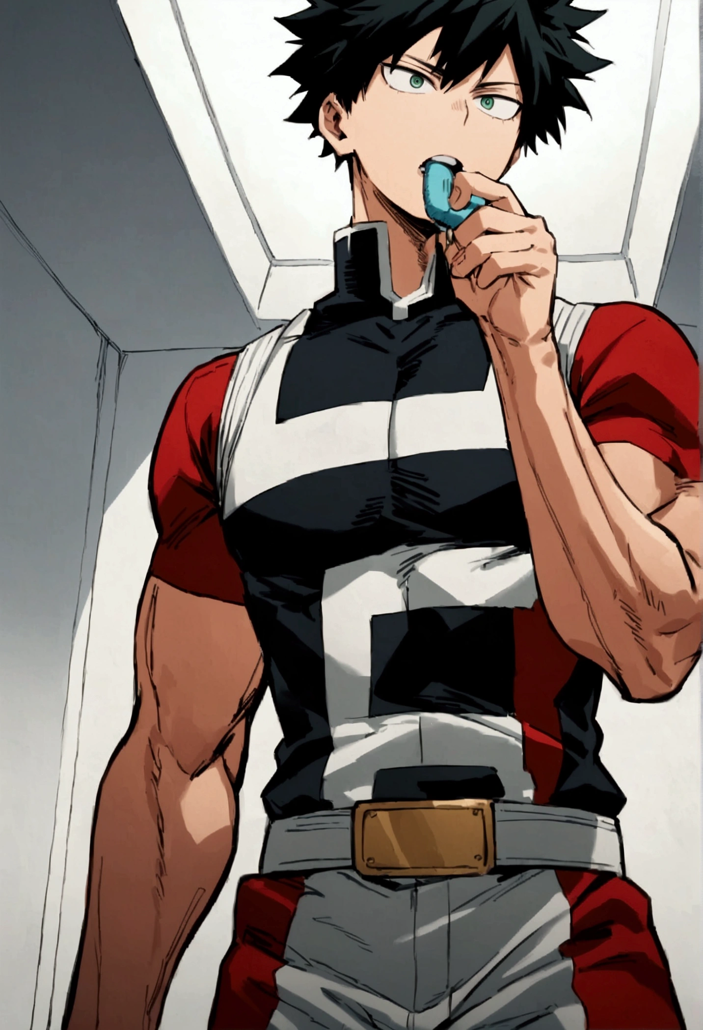 He is a 17 year old teenager, He has slightly disheveled very black hair..., somewhat light green eyes, (front angle ) , muscular body , He is dressed in the anime uniform. "my hero academia", brushing teeth