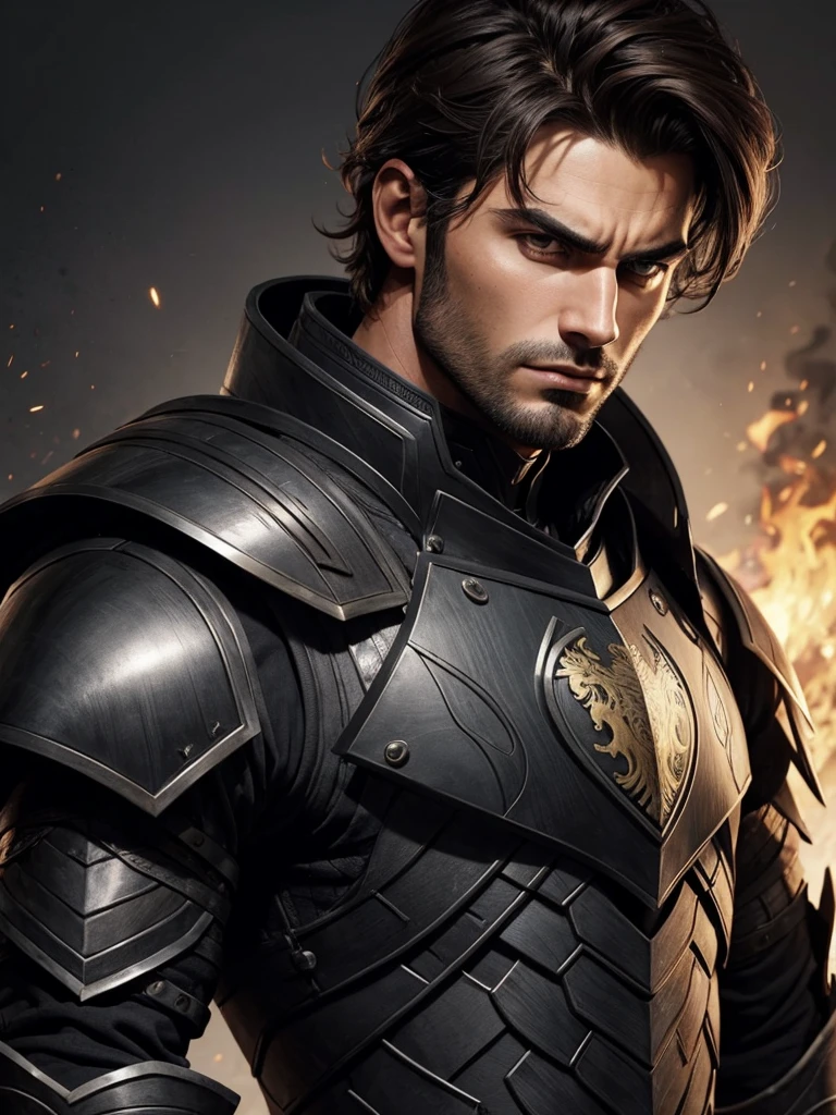 handsome man,black armour, arrogant look, drawing style, brownhair, europeu