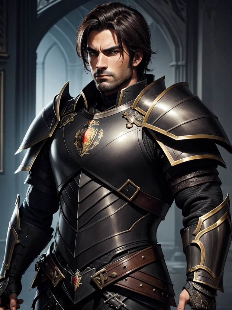 handsome man,black armour, arrogant look, drawing style, brownhair, europeu