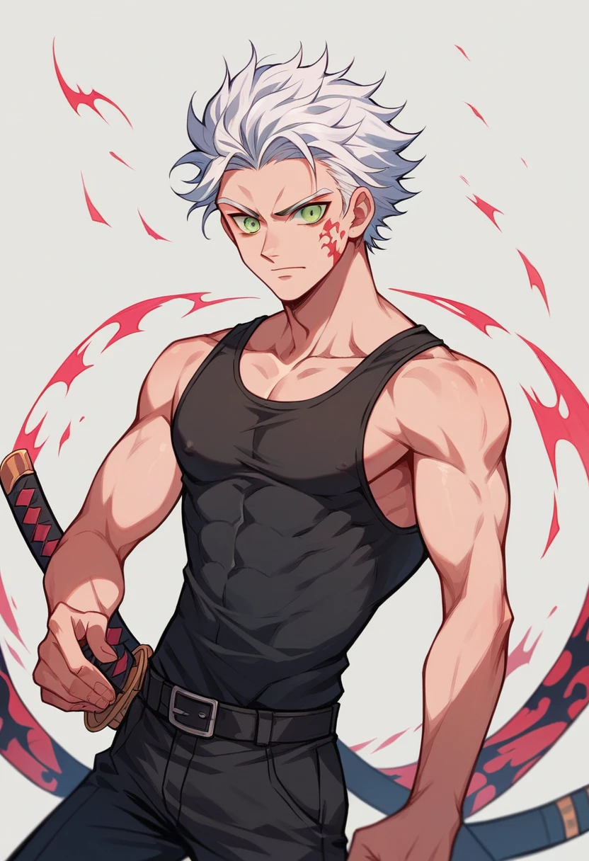 1 men, bonitas, spiky white hair, vibrant green eyes, ripped slim , アニメ, 19yearsold, 19 years, a small goatee, Shinigami, Tank top, double katana