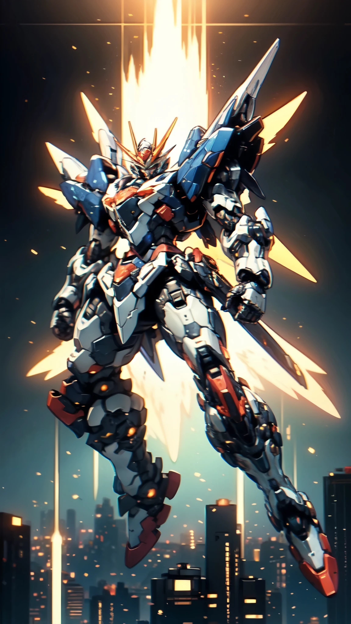 (masterpiece:1.5, best quality:1.5, extremely delicate:1.5), humanoid Mecha, fully enclosed shoulder guards, matching arm and leg guards, full body, full armor, the design balances heavy with agility, (the color scheme is primarily white with red and blue accents, the concept Inspired by Super robot, organic biotech armor, standing, floating high above the futuristic sci-fi city), exquisite and mature art style, (aura effect, energy, glowing eyes, the armor glows), metallic, dramatic, high definition, highres, ultra-detailed, ultra-fine painting, professional, perfect body proportions, anatomically correct, symmetrical face, extremely detailed eyes and face, high quality eyes, creativity, RAW photo, UHD, 32k, Natural light, cinematic lighting, masterpiece-anatomy-perfect