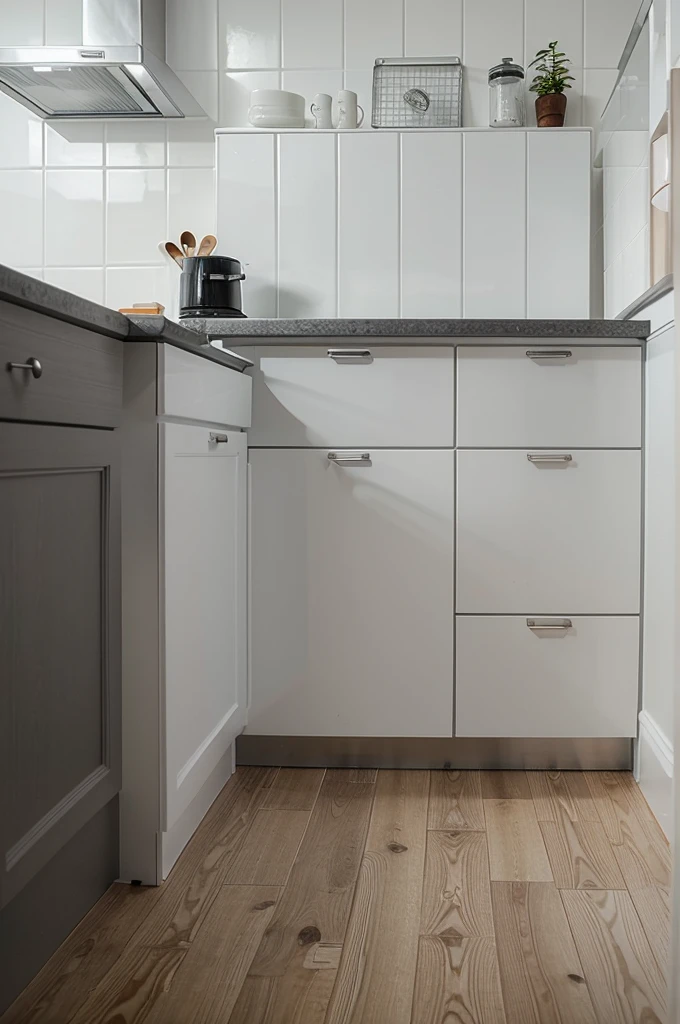 kitchen design with these characteristics: White wall, silver gray floor, dark gray bar and white wooden drawers.