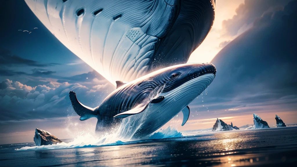 a giant flying whale, whale opening its mouth wide, over the ice floe, clear sky, ethereal, cinematic lighting, dramatic colors, hyperrealistic, 8k, extremely detailed, photorealistic, glowing ethereal whale, dramatic ice floes, cinematic composition, vibrant colors, stunning lighting, masterpiece, (best quality,4k,8k,highres,masterpiece:1.2),ultra-detailed,(realistic,photorealistic,photo-realistic:1.37)