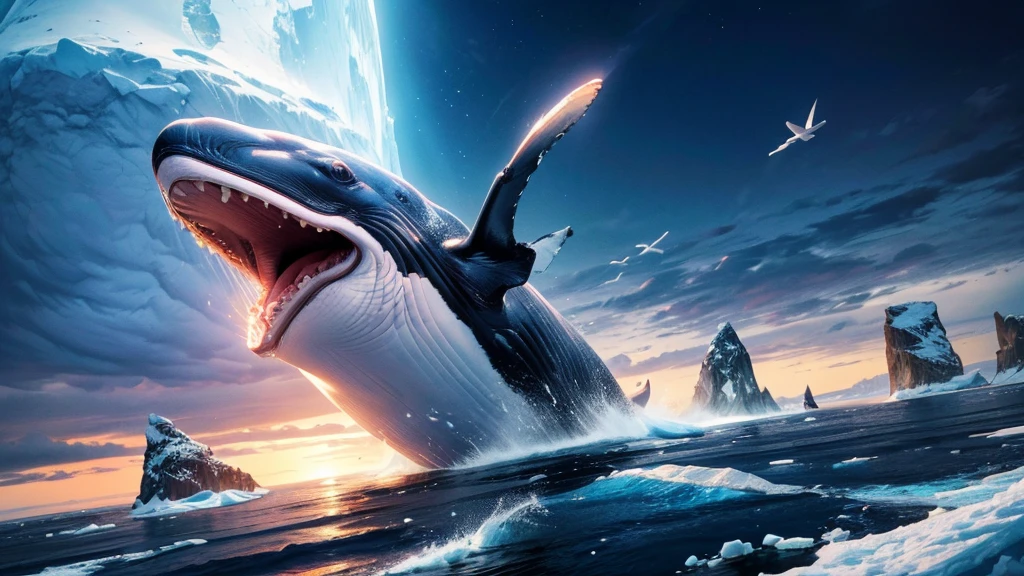 a giant flying whale, whale opening its mouth wide, over the ice floe, clear sky, ethereal, cinematic lighting, dramatic colors, hyperrealistic, 8k, extremely detailed, photorealistic, glowing ethereal whale, dramatic ice floes, cinematic composition, vibrant colors, stunning lighting, masterpiece, (best quality,4k,8k,highres,masterpiece:1.2),ultra-detailed,(realistic,photorealistic,photo-realistic:1.37)