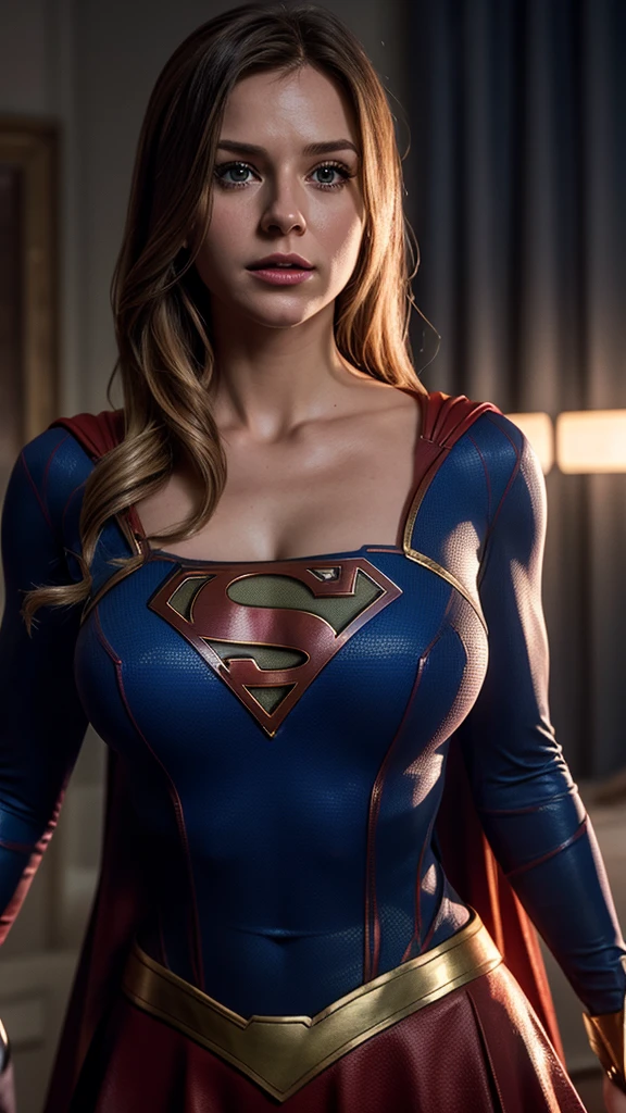 Hyper-realistic image of Supergirl in a scene where she is fading into small particles, her breasts are extra large and cleavage in her blouse, cinematic lighting effects maximum quality image.