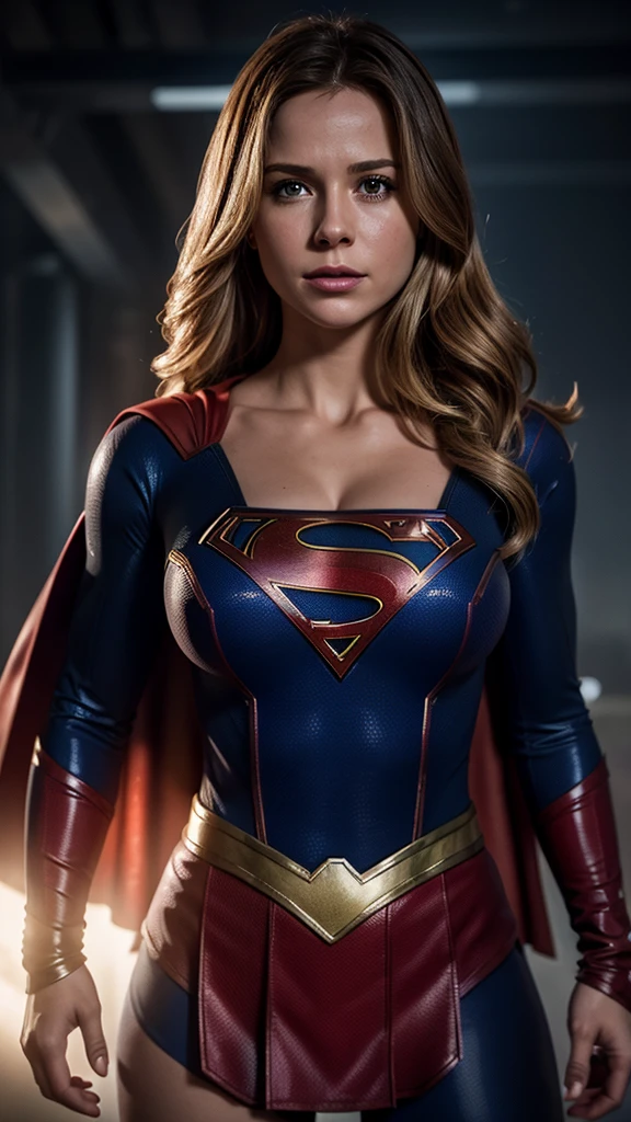 Hyper-realistic image of Supergirl in a scene where she is fading into small particles, her breasts are extra large and cleavage in her blouse, cinematic lighting effects maximum quality image.