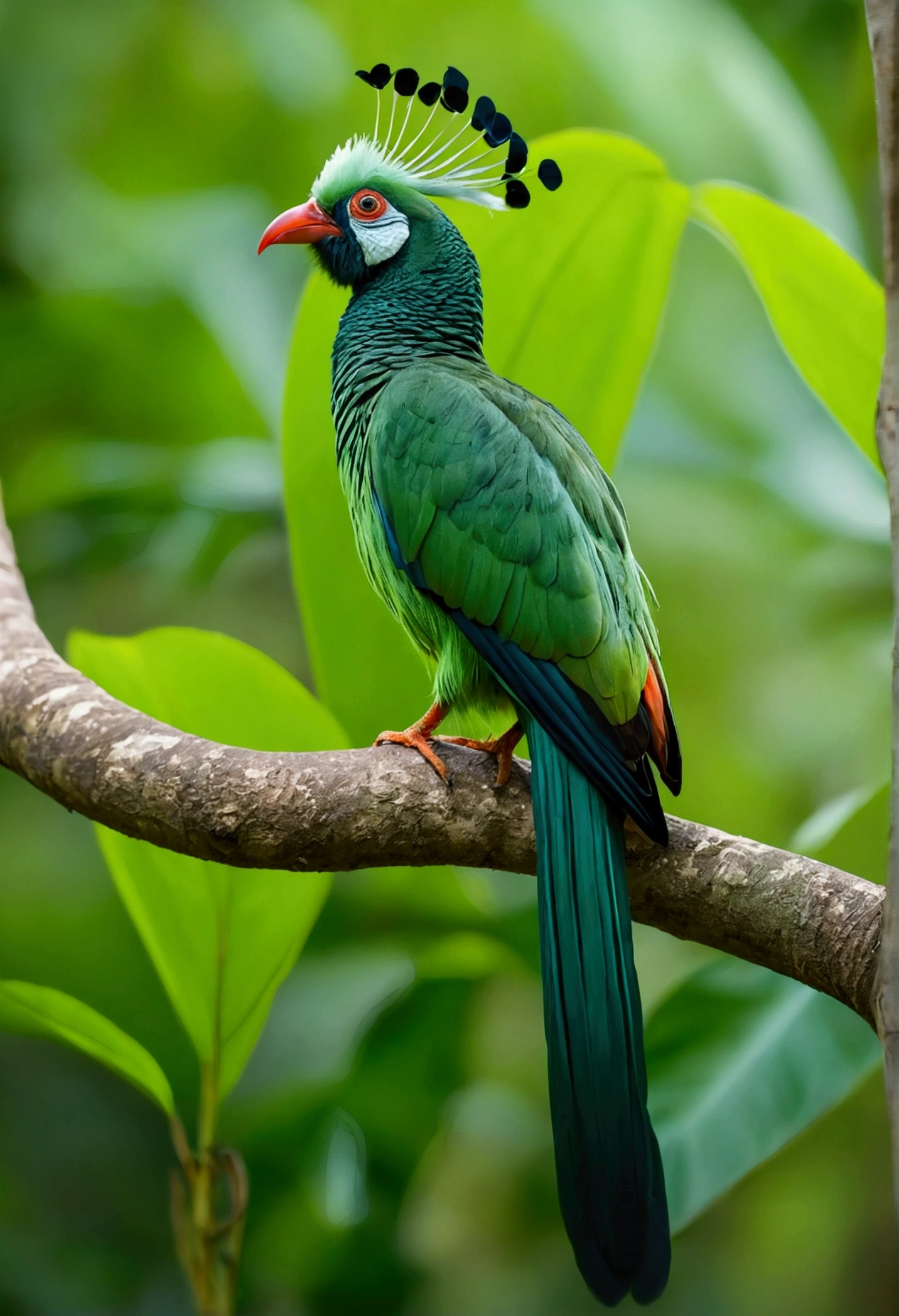 there is a large green bird with colorful stripes, sitting on a branch with a tail, rare bird in the jungle, long tail, very beautiful and elegant, beautiful and elegant, long and elegant tail, captured in canon eos r 6, tail long horned, beautiful and graceful, long tails, by Sudip Roy, mischievous look, sitting on a curly branch, high quality nature photography