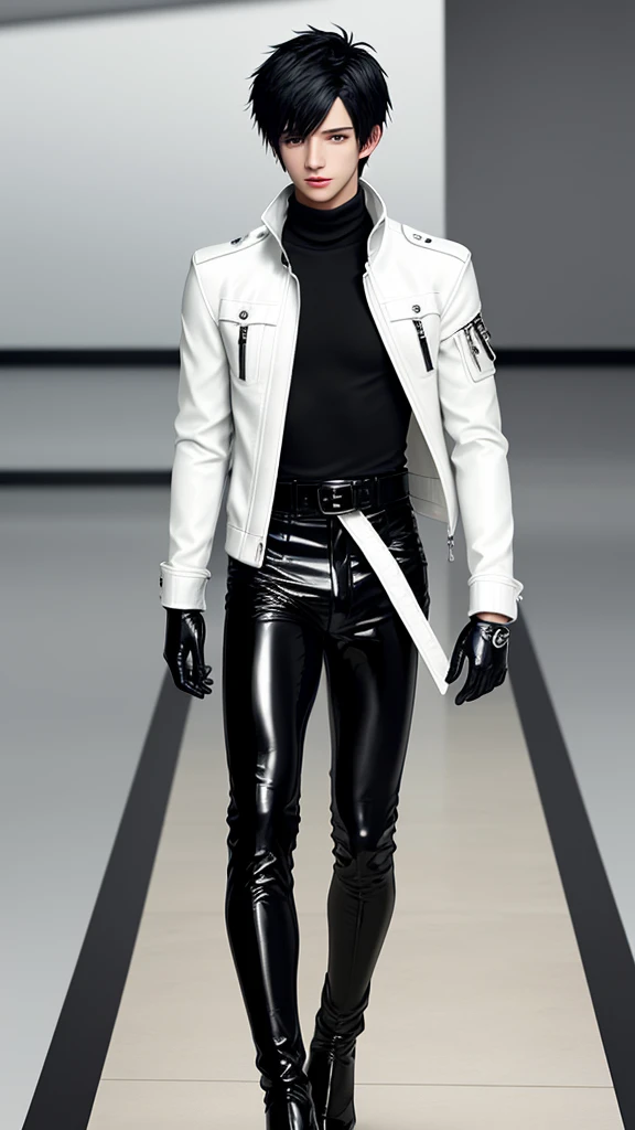 Final fantasy taste and reality graphics, Japanese young cute and cool ikemen boy, his age is early 20s, thin eyebrows and beady eyes, he wearing off white color leather thick material jacket, jacket is singlebrest, biker style jacket, with epaulet, jacket is long sleeve, must close the front of the leather jacket, , jacket is voluminous, ,must jacket is high length and stand-up collar with two belts, jacket is a little black color line pattern,close the front of the jacket, also wearing black thick material turtleneck lackluster shirts, tight black leather pants, shiny black leather tight and thin glove, black leather knee-high raceup boots,must views head-to-toe,must views whole body, boy looks like fashion model,Do not show skin from the neck down,leather jacket leather glove and leather pants have few wrinkles,boy in the room,Avoid showing your innerwear