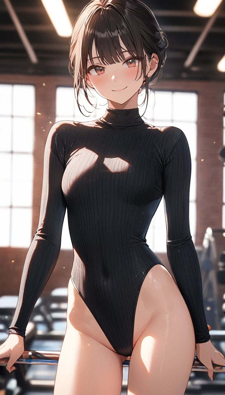 highquality illustration, masterpiece, very delicate and beautiful, attractive girl,(colorful leotard, heattech leotard,tight leotard,long_sleeve leotard,ribbed leotard,high_leg leotard,turtleneck leotard), thin,slender body,slim,gymnastics club,gymnastics athlete,bare legs,gymnasium background,beautiful eyes, light smile,(masterpiece, best quality:1.2), highres, extremely detailed CG unity 8k wallpaper, perfect lighting, Colourful, ultra-high res,4K,ultra-detailed, photography, 8K, HDR,  17 ages,cowboy shot,