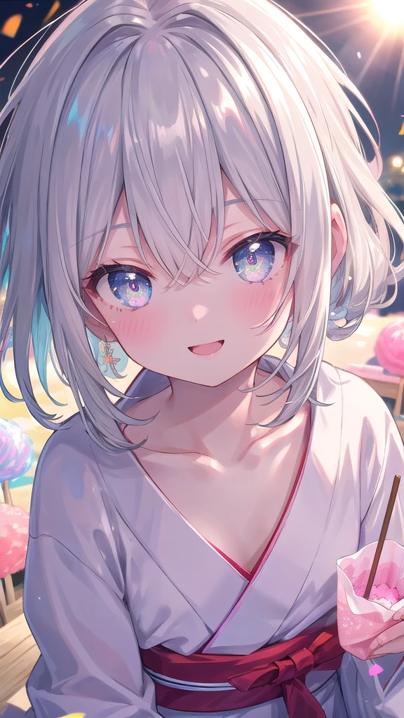 (8k, best quality, master piece: 1.2),super high resolution,1 girl, 独奏, colorshift eyes, hyperdetailed, expressive eyes, ultra-detailed face, yukata、Random hairstyle、silver gay hair, stall, sunshine, Collarbone, Ecstatic expression,wariza, Cotton candy