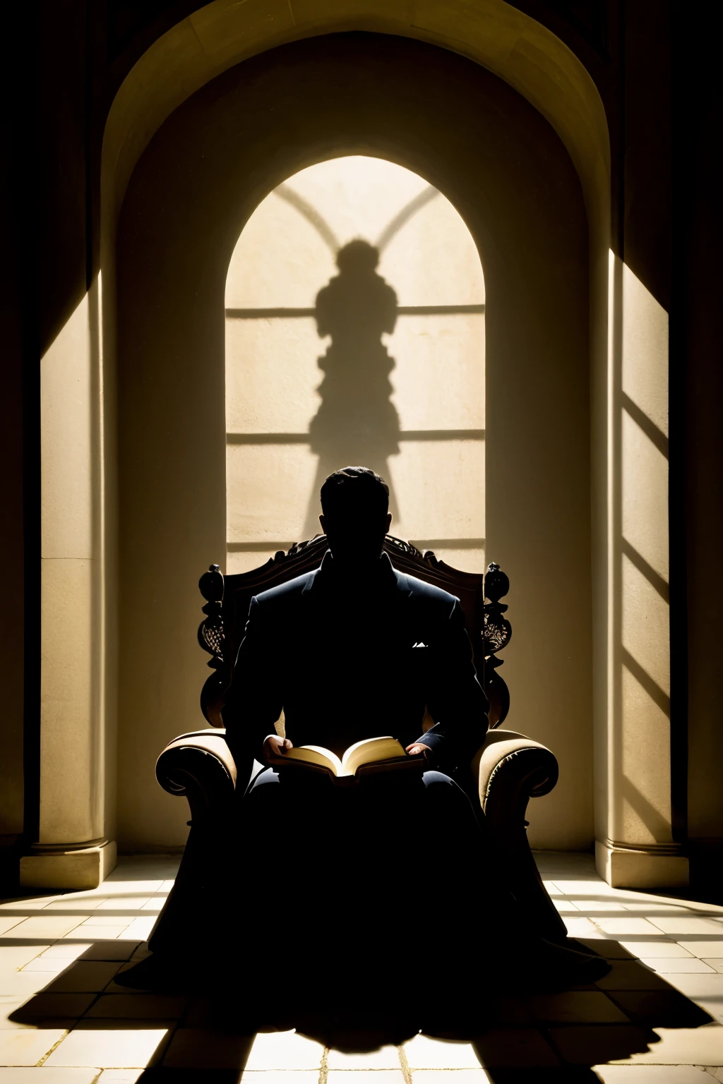 A shadow of a man with a book in his hand sitting on a throne made of money