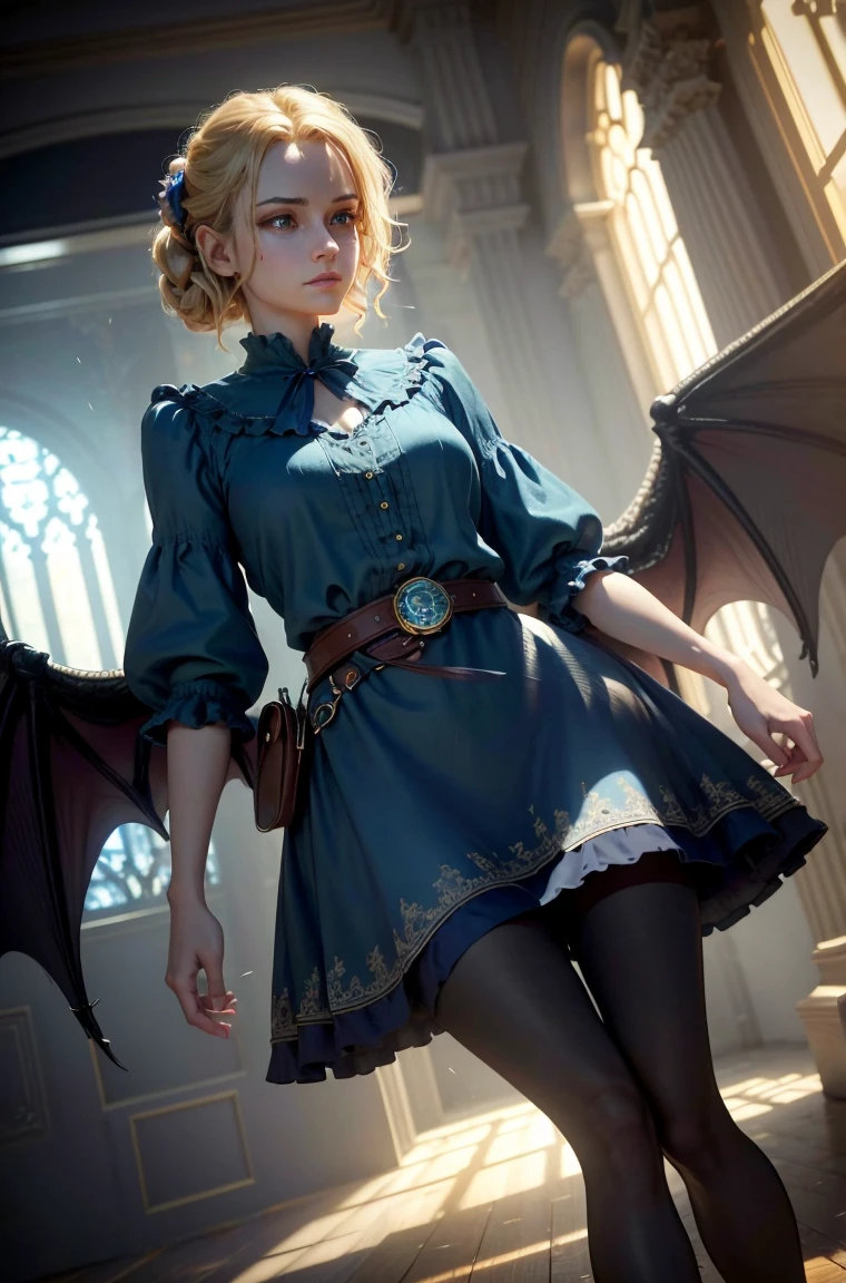 50 year old Standing wearing a ankle length or full colorful dress that covers her thighs BLONDE A female blonde succubus with bat wings tipped with claws, with mesmerizing feature masterpiece, top quality, best quality, official art, beautiful and aesthetic:1.2), (1girl), extreme detailed,(fractal art:1.3), colorful, highest detailed, (masterpiece, best quality:1.3) 1 bright-amber, blue, green cat like-eyes, professional digital painting, Unreal Engine 5. wearing a dress, matching thin belt with a high waist thick heeled full covered shoes, oxfords, Seductive Hopeful expression, finely detailed eyes, happy mood, Wearing a full coverage blouse, epic scene, epic composition, Cinematic Lighting, Volumetric Lighting, ethereal light, intricate details, extremely detailed volumetric rays. oil painting, Detailed facial features, Sunlight, bright colors, dramatic lighting, expressive eyes and lips, High Resolution, 4K quality, Photorealistic