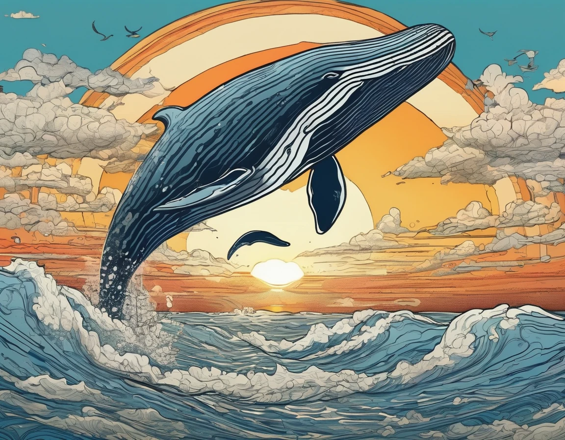 A beautiful and whimsical whale soaring through the sky。Stunning sunrise、Detailed Clouds、Surrounded by delicate contours、Illustrated in a charming Vintage Comics style with an outsider art aesthetic。(Highest quality、4K、8k、High resolution、masterpiece:1.2)、Super detailed、(Real、Photorealistic、Photorealistic:1.37)、Highly detailed whale、detailed cloudy sky、Detailed sunrise、Delicate line drawing、cute、Children&#39;s illustration style、Vintage Comics、Bright colors、Cinematic lighting