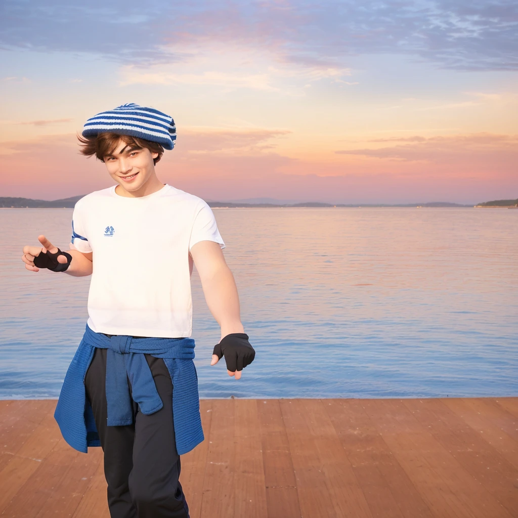 In the image, there is a young man standing on a wooden pier during sunset. The sky is painted with warm tones of orange, pink, and blue as the sun slowly descends toward the horizon, reflecting on the calm sea behind him. The young man is wearing a white t-shirt with a small symbol in the center of the chest. He is dressed in dark pants and has a blue jacket tied around his waist.
His brown hair is covered by a striped beanie with horizontal blue and white stripes. He is wearing fingerless black gloves, which match the rest of his casual and sporty outfit. With a relaxed expression and a slight smile, the young man is making a peace sign with his right hand while looking at the camera. The scene conveys a sense of tranquility and harmony, with the beautiful coastal landscape as a backdrop.