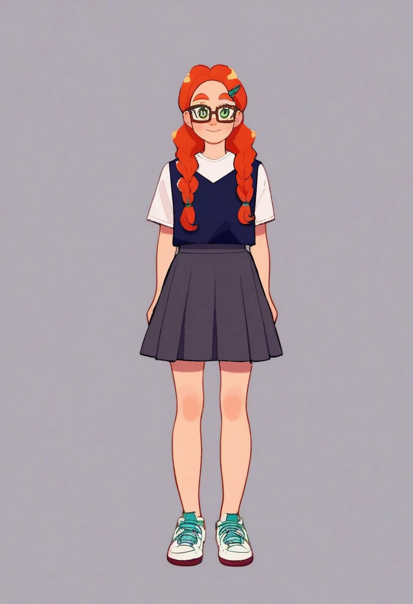 penelope, solo, 1girl, standing, full body, ginger braided hair with circular green clips at the ends, black clips on hair, brown glasses, emerald green eyes. white long-sleeved shirt, blue rhombus-themed vest (colors: blue, red and goldenrod), dark grey skirt, white sneakers