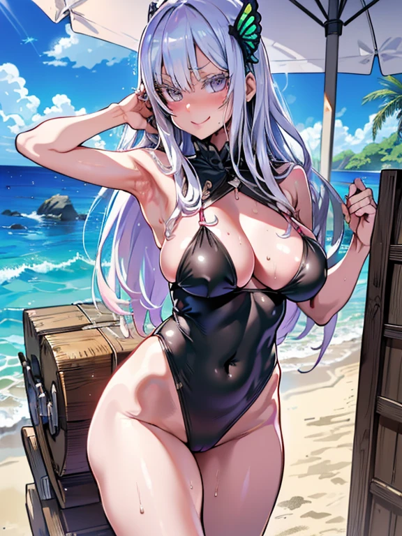Outdoor,wood,scenery,Chair,Beach,bucket,Day,food,umbrella,palm tree,sand,null,boat,Fruits Sea,table,water,
cup, shade, lounge chair, beach chair,plant,dish,Bottle,cloud,beach umbrella,Shadow,towel,Dazzling Light,
Heart Shaped Boob Challenge,
((Highest quality)),High resolution,Sharp focus,(Super detailed,Very detailed),{best illustration},
(Very detailed CG unity 8k wallpaper),(((Vibrant colors))),Anime Style,
gleaming skin,Crisp details, (complete anatomy),Perfect Fingers,
shiny 肌,very shiny 肌,Shiny body,plastic glitter 肌,exaggerated shiny 肌,illuminated 肌,
(Realistic eyes, Natural skin texture, Realistic facial details),
1woman, Beautiful and elaborate face, Perfect Eyes,((Silver Hair)),Long Hair,Echidna, Deep purple eyes,
Butterfly Hair Ornament, (Colored eyelashes:1.1), eye shadow,Red pink lips,Big and ample breasts,Camel Toe, Arrogant look, Domineering smile, embarrassed,
wearing black slingshot swimsuit, oral invitation, bewitching pose, (((vulgarity))), sweat,滴るwater滴,My whole body is wet,heavy breathing, humid, fog,(Stuffy armpits:1.2),