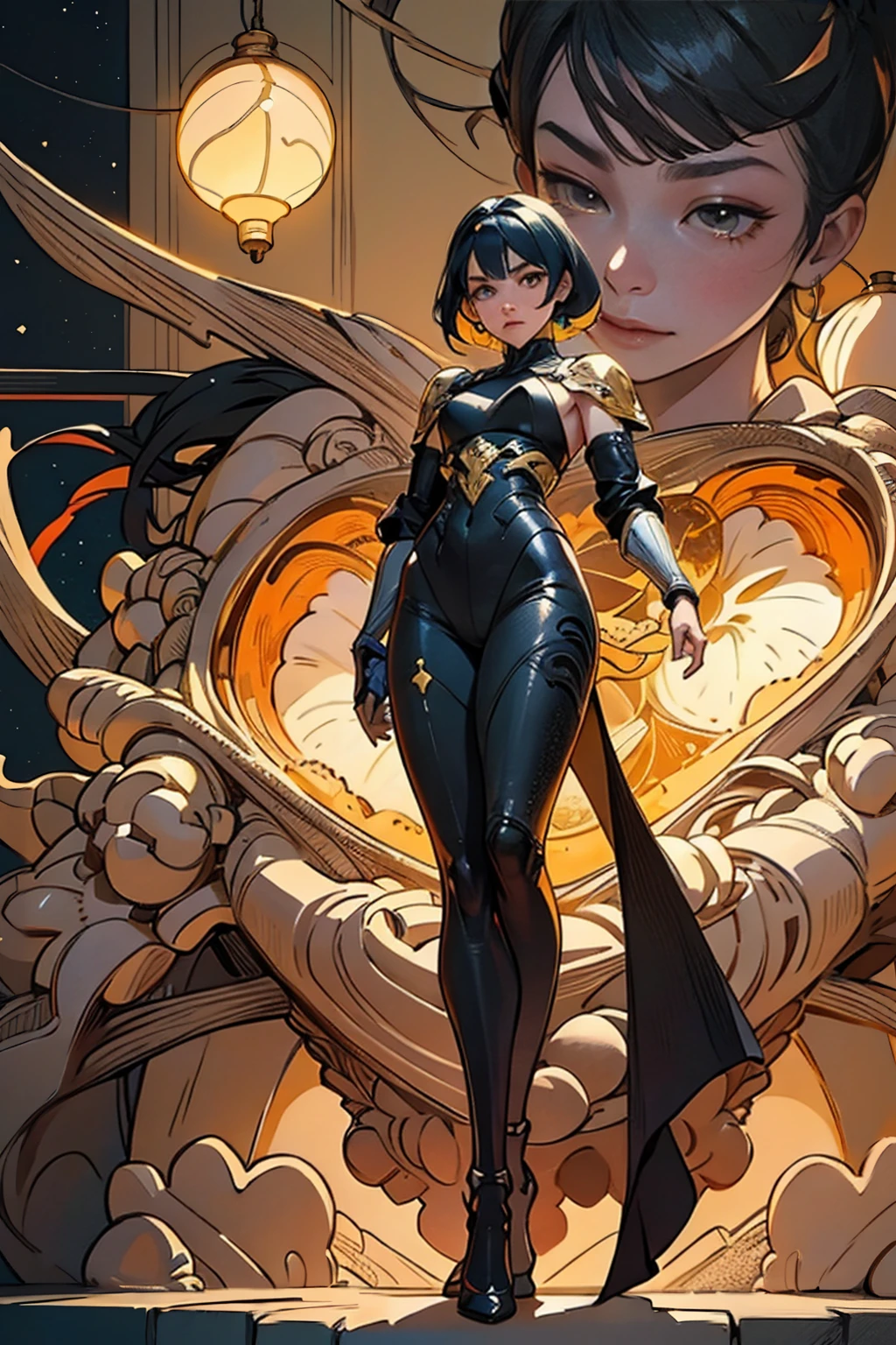 (((full body photo))), (Artwork of exceptional craftsmanship),(Detailed illustrations,(Art based on a very ideal anatomy),Very detailed and detailed drawing,Delicate lines with slow and rapid,(Realistic texture expression)),[Color tressed main line],[Shinjuku background at night],(HENTAI ANIME) (Japanese NINJA Girl (Beauty)  student)  and muscular [Slim & fit body], Short Bob Cut,([hornet] Orange Ninja Battle Armor) scarf [stall] ((Fitting rubber inner) [honeycomb] [edg]) hair adornments (Dull metallic luster:0.8),gravure [KUNOICHI],(Perfectly proportioned),(Fine and beautiful skin expression [realistic skin detail]),(Design built to the highest level,[Advanced structural understanding of materials],Ideal color coordination),(Intricate and beautiful decoration (Dense detail)),(More on shiny hair),[Perfect hand details],(Beautiful perfect face [Realistic face details]),[Clear gaze],[long and beautiful eyelashes], yellow eyes, yellow irises, [Perfect eye details (Eyes beautifully drawn down to the smallest detail)],(detaileds,high-detail),((Precision Detail),[multi-layer texture],HighQuality,hight resolution),[(Accurate simulation of light-material interactions),Understanding Airflow,Mechanically correct representation],[Visual art that conveys a sense of narrative] [Full body like], thigh gap,[[Desaturation]].