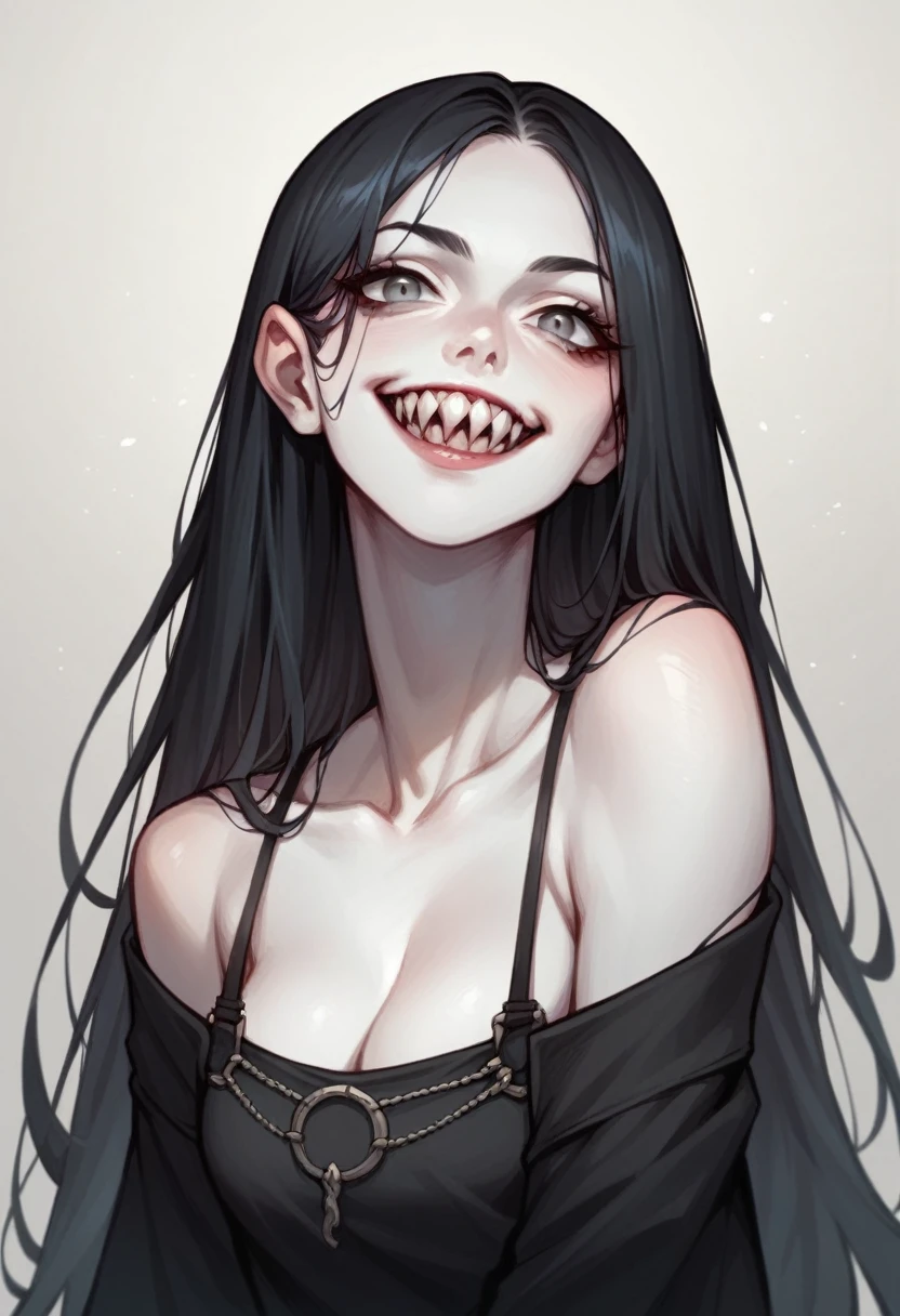 1 woman, portrait, mystery appearance, solo, woman, large, gray eyes, has a scary smile and kitten sharp teeth. Black hair, long hair, white skin, Very detailed black clothing.
