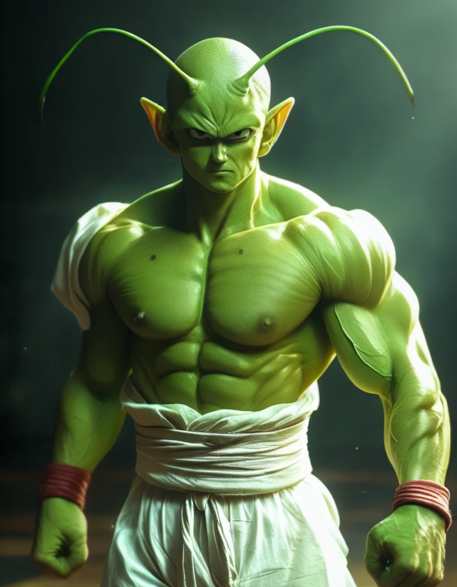 a detailed portrait of piccolo, a fictional character from the dragon ball franchise by akira toriyama, highly detailed and realistic, muscular green alien with antennae, intense gaze, wearing traditional martial arts clothing, dramatic lighting, cinematic composition, intricate detail, realistic skin texture, 8k, photorealistic, award-winning digital art