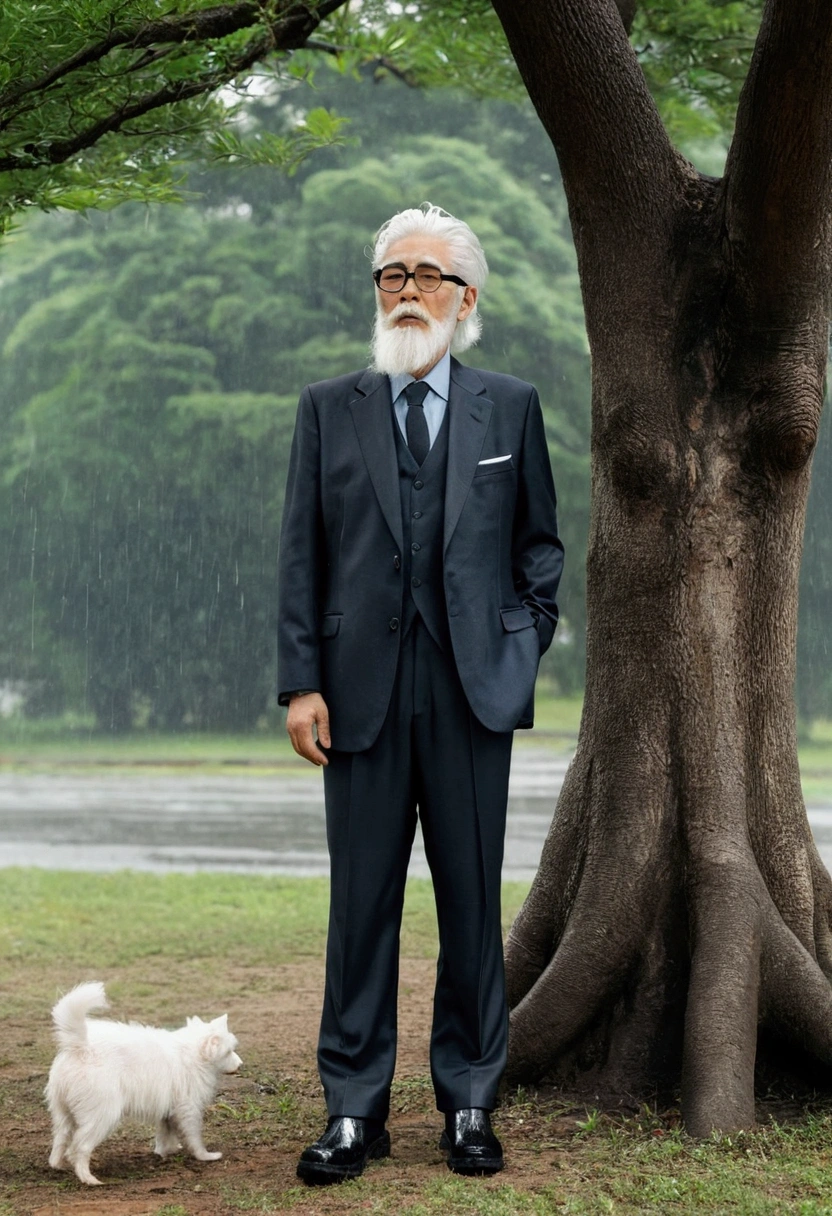 An old man with a beard,Wearing a suit、Wear rain boots,White hair、Standing under the tree,smokes。