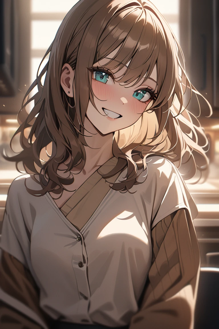 a woman, brown hair, curtained hair, expressive hair, aqua eyes, grin, modern, cinematic lighting, high details, best quality, masterpiece, 8k