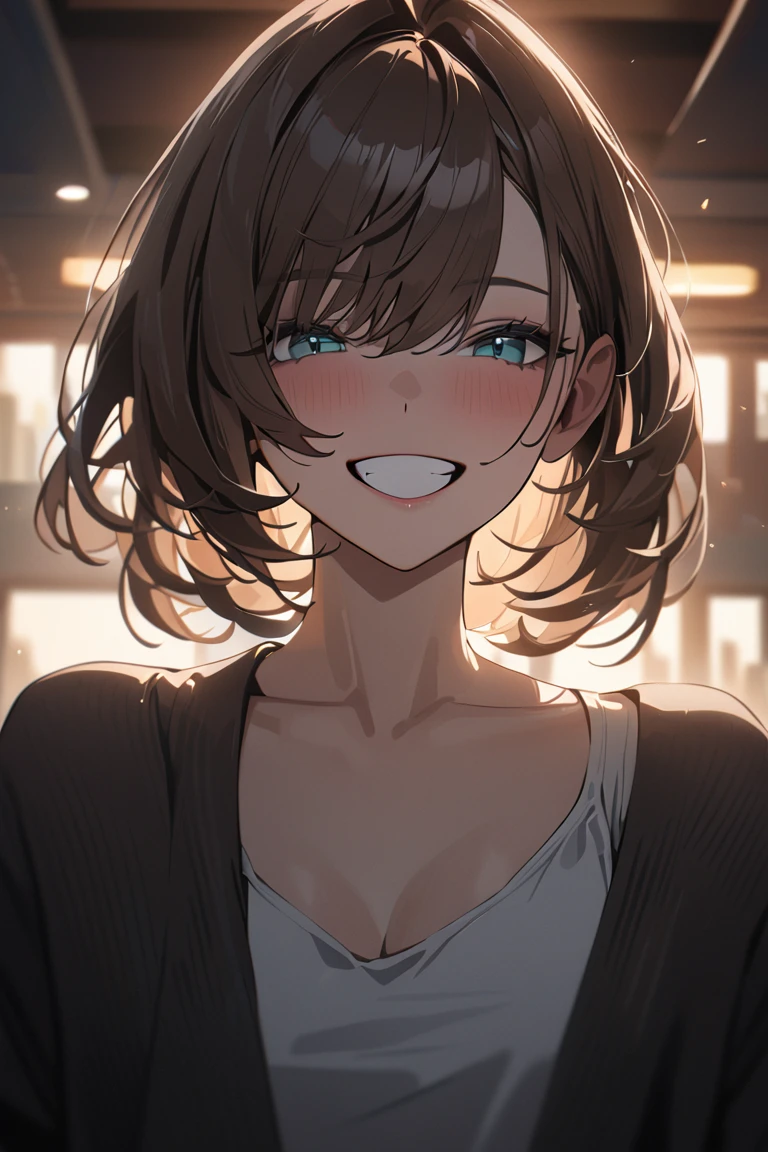 a woman, brown hair, curtained hair, expressive hair, aqua eyes, grin, modern, cinematic lighting, high details, best quality, masterpiece, 8k