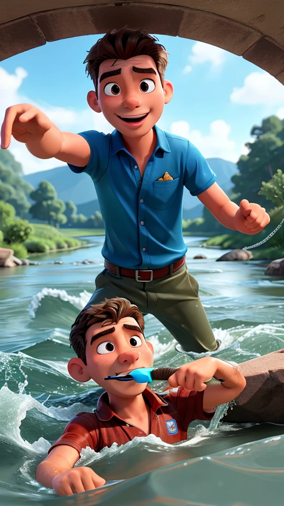 Image of one man drowning another man's mouth with river water